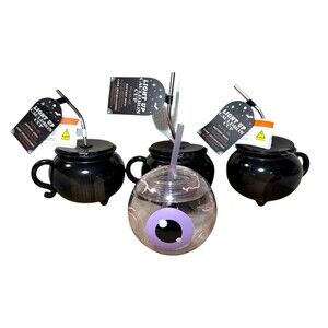 Bullseye Halloween Light Up Cauldron & Eyeball Cup Tumbler Set With Straws NEW
